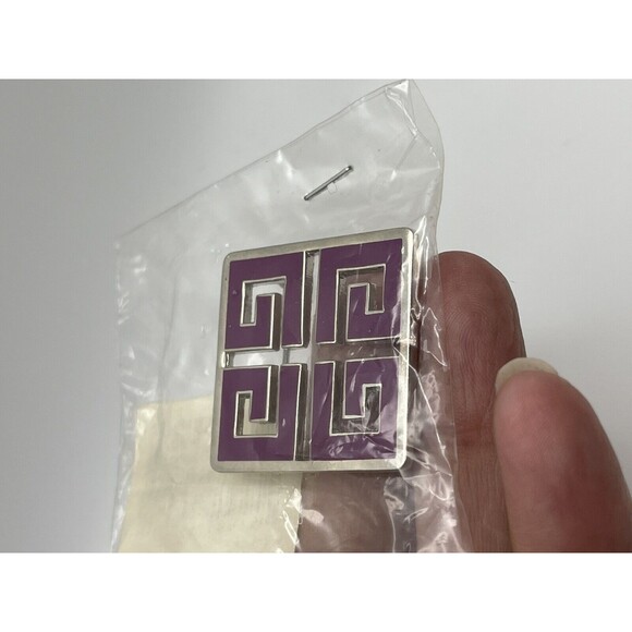 Vintage Givenchy Parfums Silvertone Purple Enamel Logo Pin Brooch New - Picture 5 of 8
